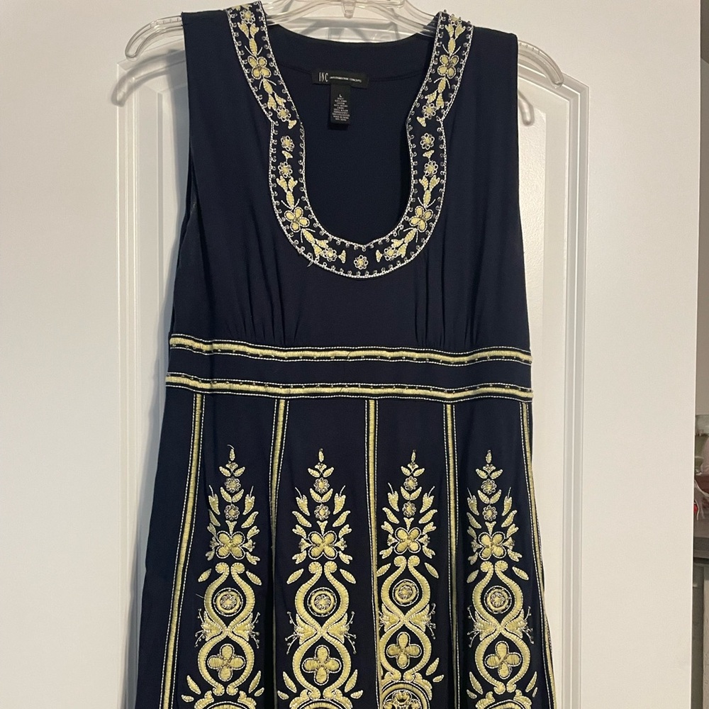 Gorgeous navy, yellow, and white embroidered dress